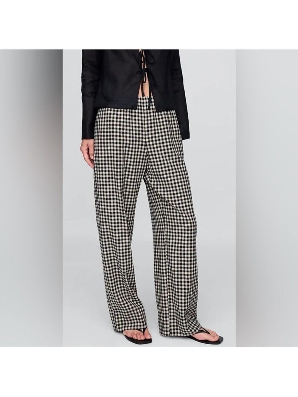 Gap Linen-Blend Easy Wide-Hem Gingham Check Pants NWT ST Beachy Vacation Cruise